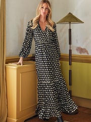 Friends Like These Black V Neck Jacquard Long Sleeve Midaxi Dress - Image 1 of 4