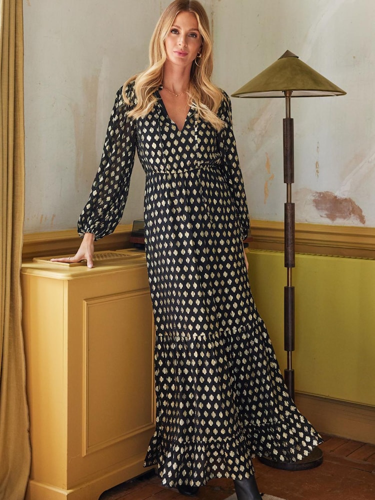 Friends Like These Black V Neck Jacquard Long Sleeve Midaxi Dress - Image 1 of 4