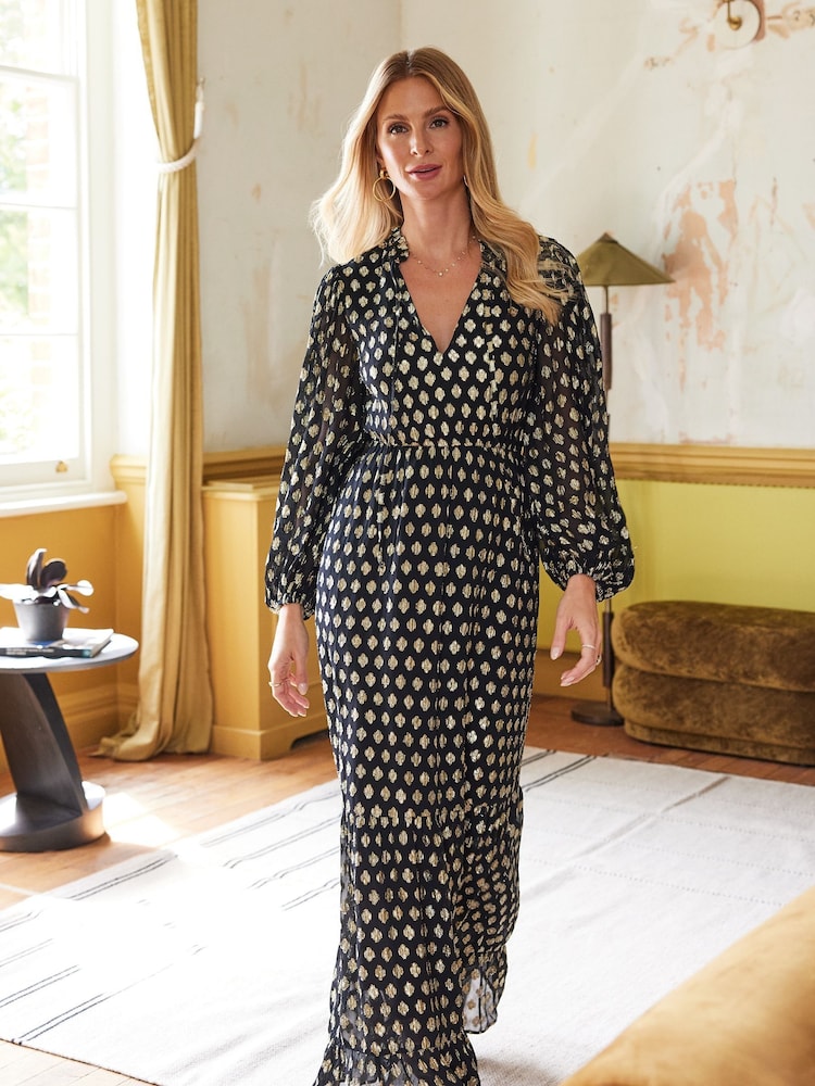 Friends Like These Black V Neck Jacquard Long Sleeve Midaxi Dress - Image 2 of 4