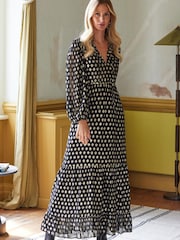 Friends Like These Black V Neck Jacquard Long Sleeve Midaxi Dress - Image 4 of 4