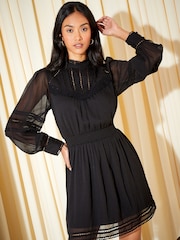 Friends Like These Black Lace Trim Long Sleeve Chiffon Mini Dress - Image 2 of 4