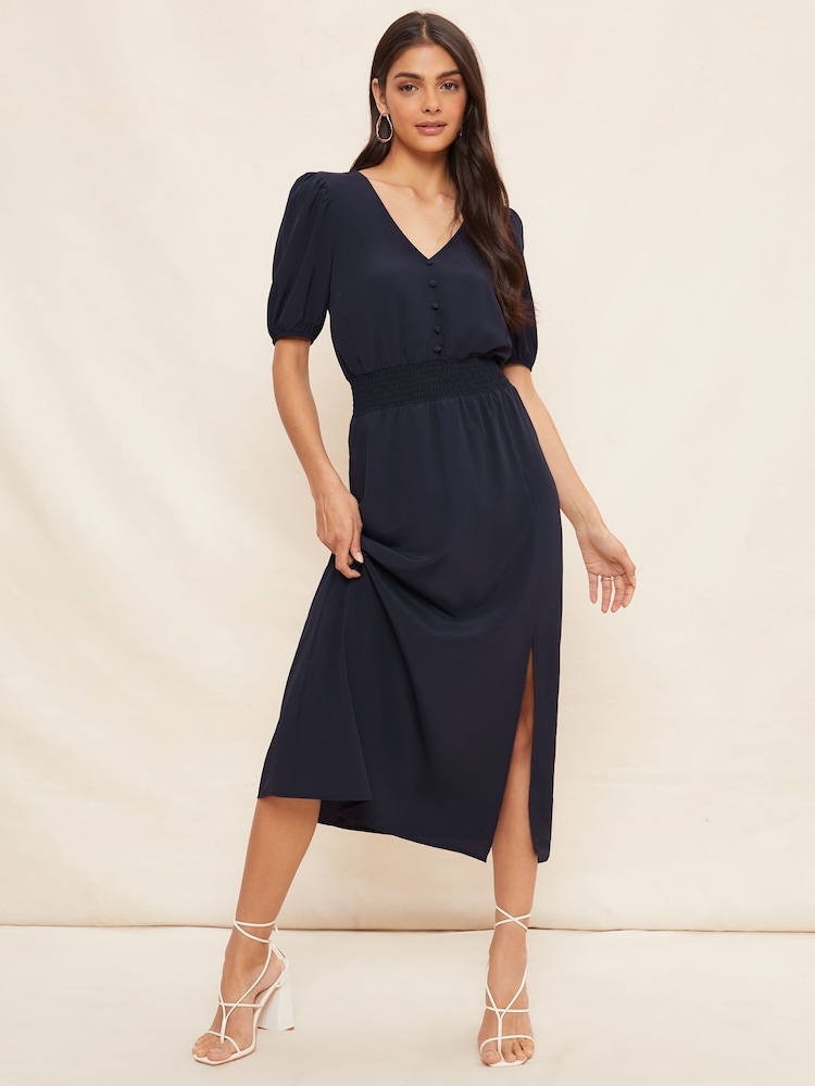 Friends Like These Navy Puff Sleeve Ruched Waist V Neck Midi Dress - Image 1 of 4