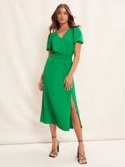 Friends Like These Bright Green Puff Sleeve Ruched Waist V Neck Midi Summer Dress - Image 1 of 4