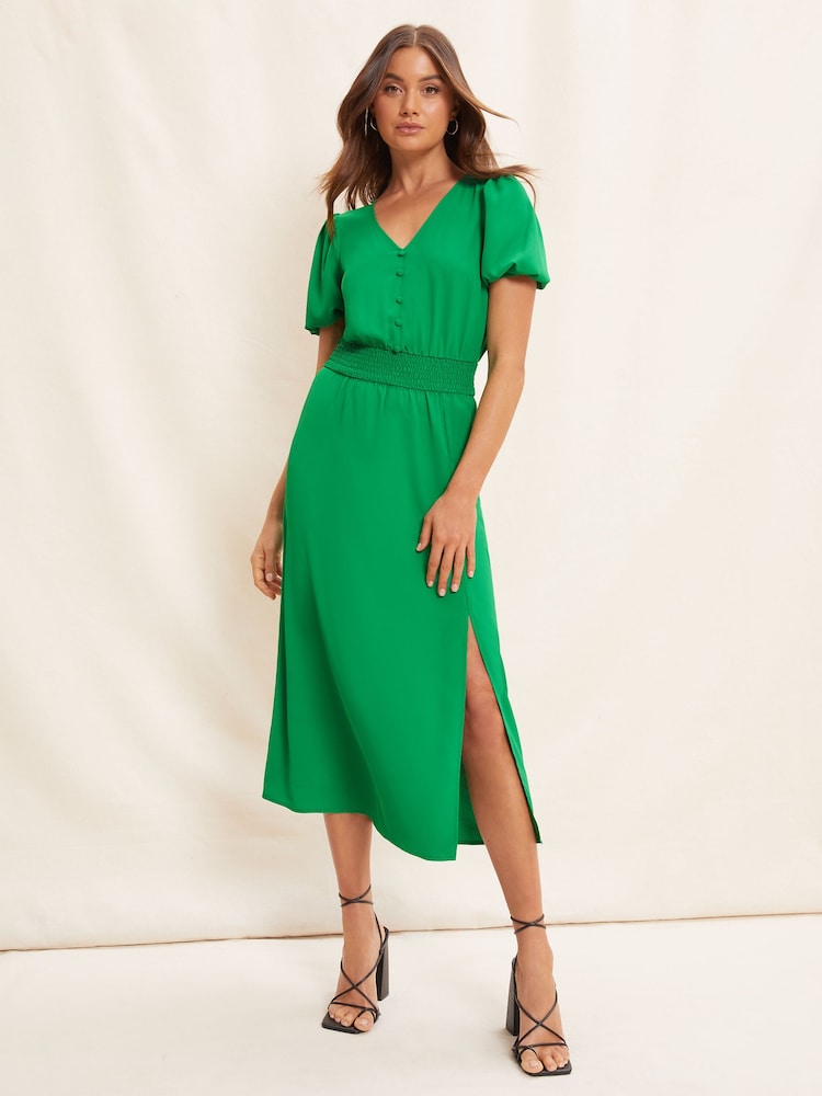 Leuchtend grün - Friends Like These Midikleid mit V-Ausschnitt, Puffärmeln und geraffter Taille - Bild 1 von 4 Leuchtend grün - Friends Like These Midikleid mit V-Ausschnitt, Puffärmeln und geraffter Taille - Bild 1 von 4