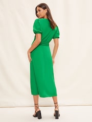 Friends Like These Bright Green Puff Sleeve Ruched Waist V Neck Midi Summer Dress - Image 2 of 4