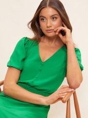 Friends Like These Bright Green Puff Sleeve Ruched Waist V Neck Midi Summer Dress - Image 4 of 4