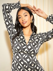 Friends Like These Black/White Empire V Neck Collared Long Sleeve Midi Dress - Image 2 of 4