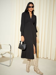 Friends Like These Black Empire V Neck Collared Long Sleeve Midi Dress - Image 4 of 4