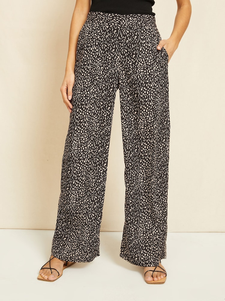 Friends Like These Black/Neutral Animal Petite Wide Leg Pull On Trousers - Image 1 of 4