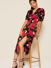Friends Like These Red Floral Lace Detail Satin Wrap Dress - Image 1 of 4