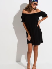 Pour Moi Black Woven Puff Sleeve Belted Bardot Dress - Image 1 of 5