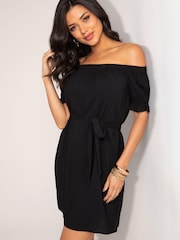 Pour Moi Black Woven Puff Sleeve Belted Bardot Dress - Image 2 of 5