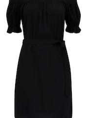 Pour Moi Black Woven Puff Sleeve Belted Bardot Dress - Image 4 of 5