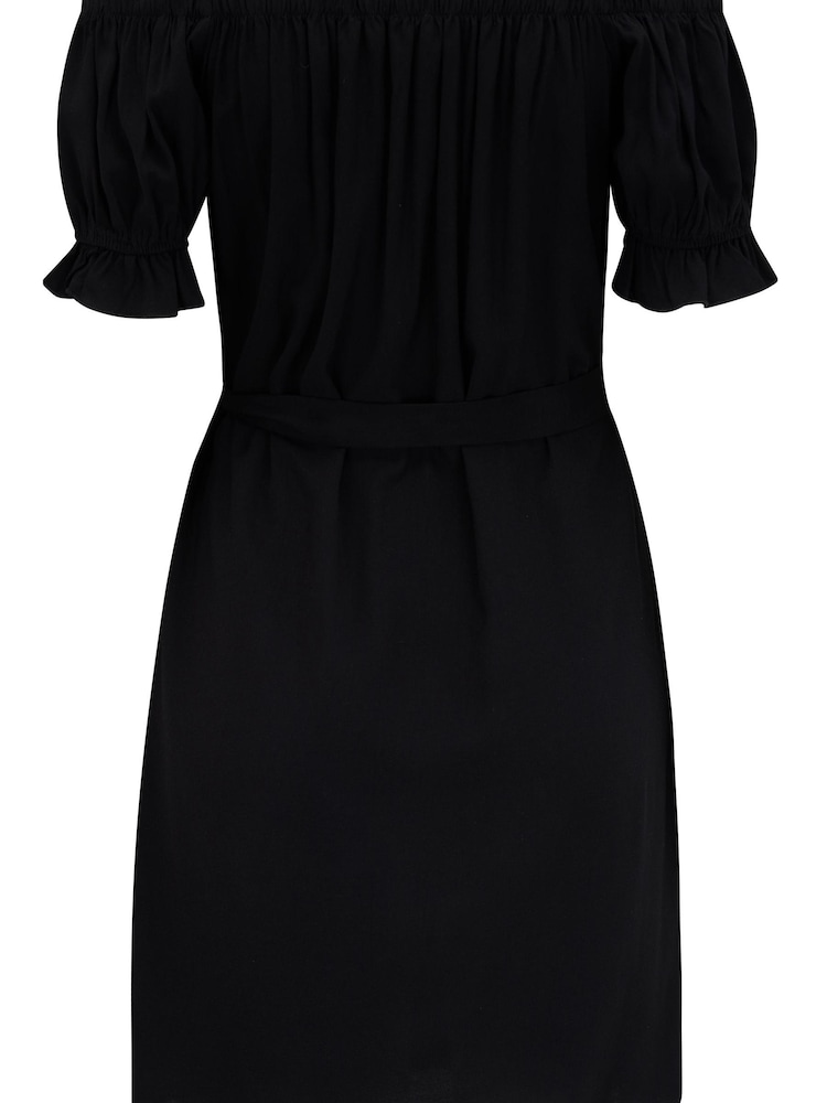 Pour Moi Black Woven Puff Sleeve Belted Bardot Dress - Image 5 of 5