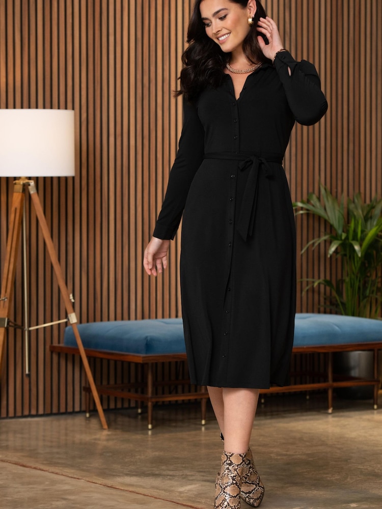 Pour Moi Black Bailey Slinky Recycled Jersey Midi Shirt Dress - Image 1 of 5