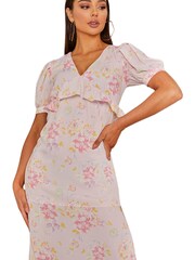 Chi Chi London Pink & White Short Sleeve Floral Printed Midi Summer Dress - Image 1 of 5