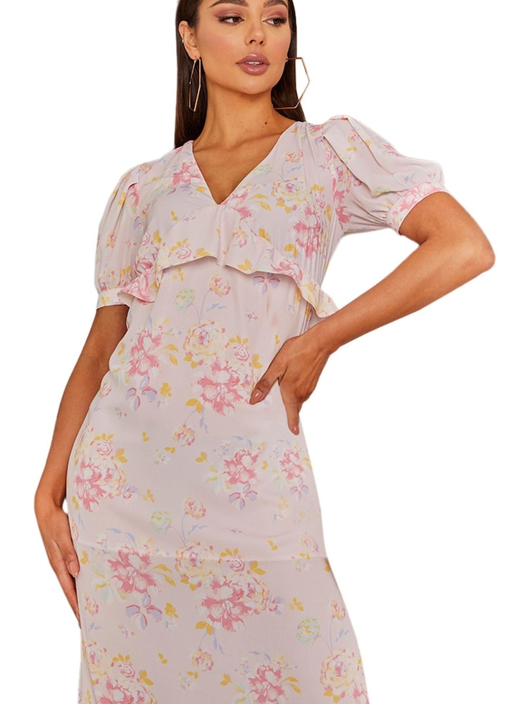 Chi Chi London Pink & White Short Sleeve Floral Printed Midi Summer Dress - Image 1 of 5