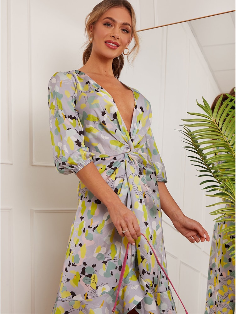 Chi Chi London Silver & Yellow Twist Front Abstract Midi Summer Dress - Image 3 of 5