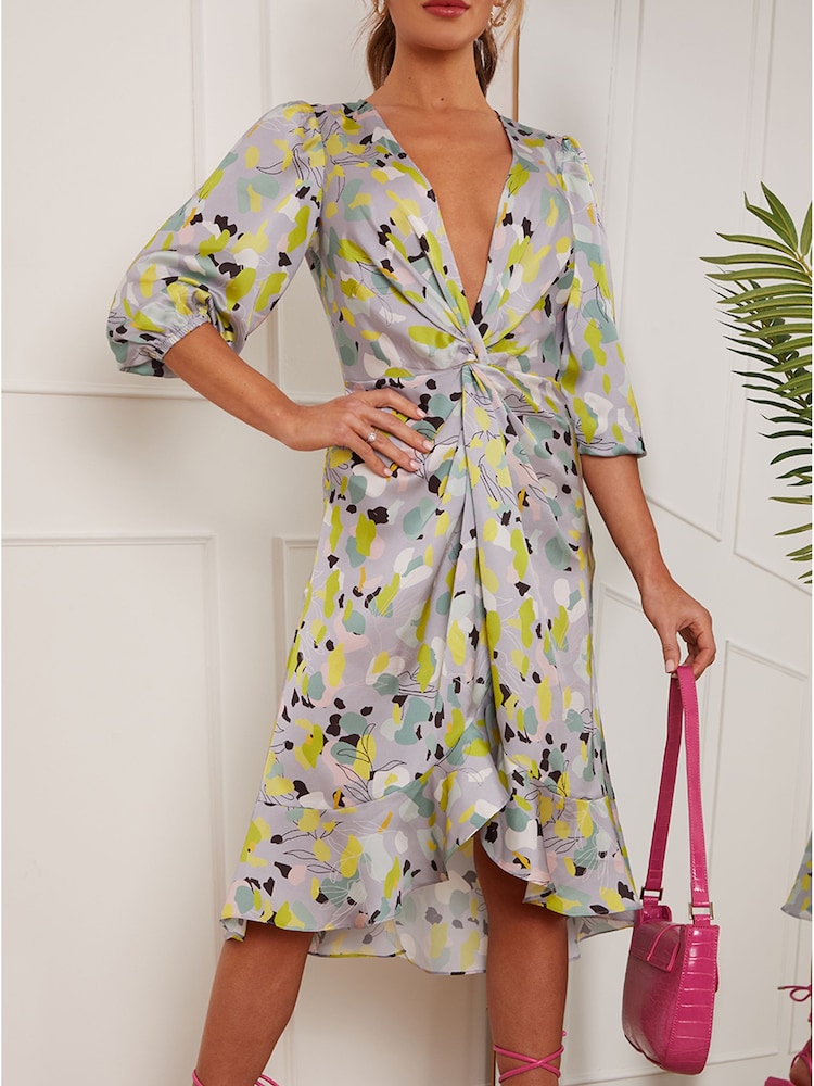 Chi Chi London Silver & Yellow Twist Front Abstract Midi Summer Dress - Image 5 of 5 Chi Chi London Silver & Yellow Twist Front Abstract Midi Summer Dress - Image 5 of 5