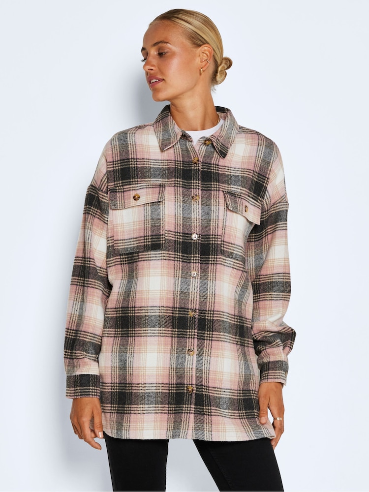 NOISY MAY White & Pink Soft Check Brushed Shacket - Image 1 of 5