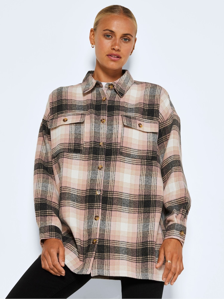 NOISY MAY White & Pink Soft Check Brushed Shacket - Image 2 of 5