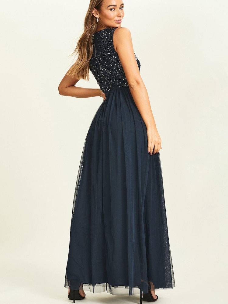 Maya Navy Blue V Neck Sequin Bodice Sleeveless Maxi Dress - Image 2 of 4 Maya Navy Blue V Neck Sequin Bodice Sleeveless Maxi Dress - Image 2 of 4