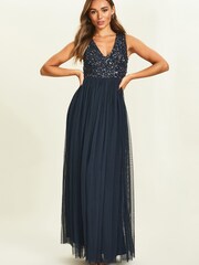 Maya Navy-Blue Petite V Neck Sequin Bodice Sleeveless Maxi Dress - Image 1 of 4