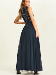Maya Navy-Blue Petite V Neck Sequin Bodice Sleeveless Maxi Dress - Image 2 of 4