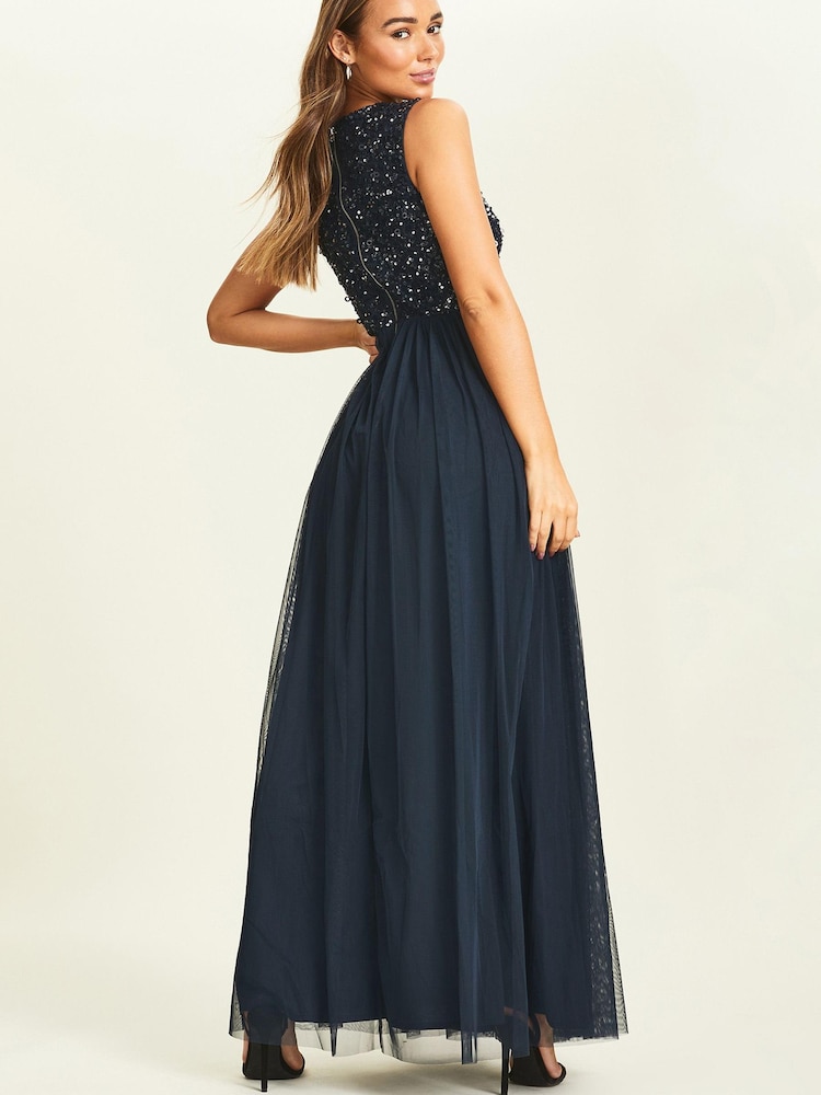 Maya Navy-Blue Petite V Neck Sequin Bodice Sleeveless Maxi Dress - Image 2 of 4