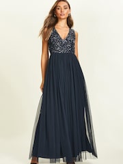 Maya Navy-Blue Petite V Neck Sequin Bodice Sleeveless Maxi Dress - Image 4 of 4