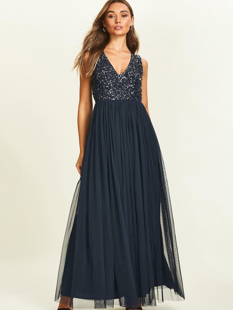 Maya Navy-Blue Petite V Neck Sequin Bodice Sleeveless Maxi Dress - Image 4 of 4