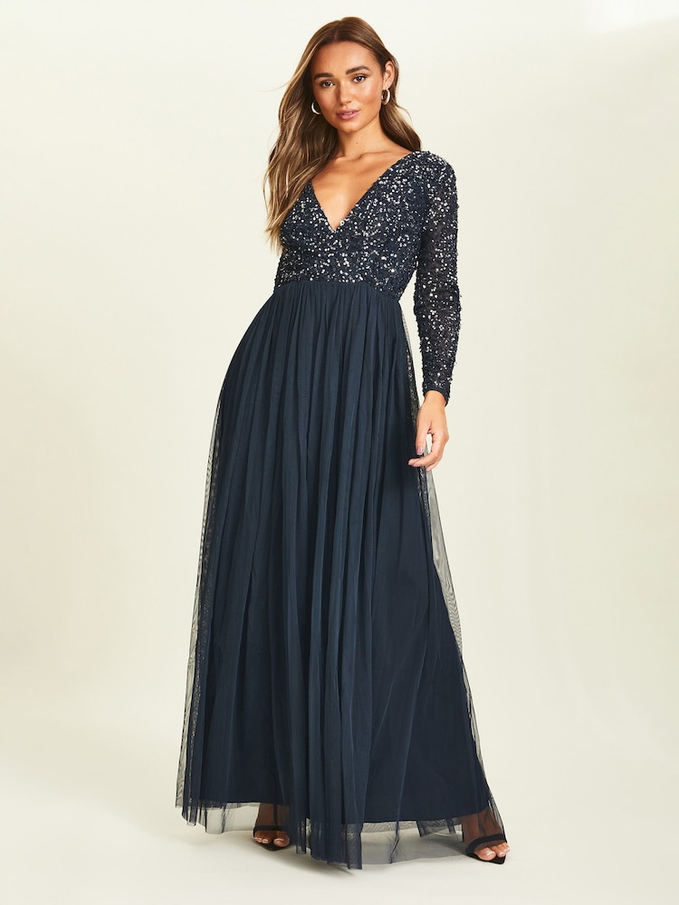Maya Navy-Blue Wrap Long Sleeve Sequin Maxi Dress - Image 1 of 3 Maya Navy-Blue Wrap Long Sleeve Sequin Maxi Dress - Image 1 of 3