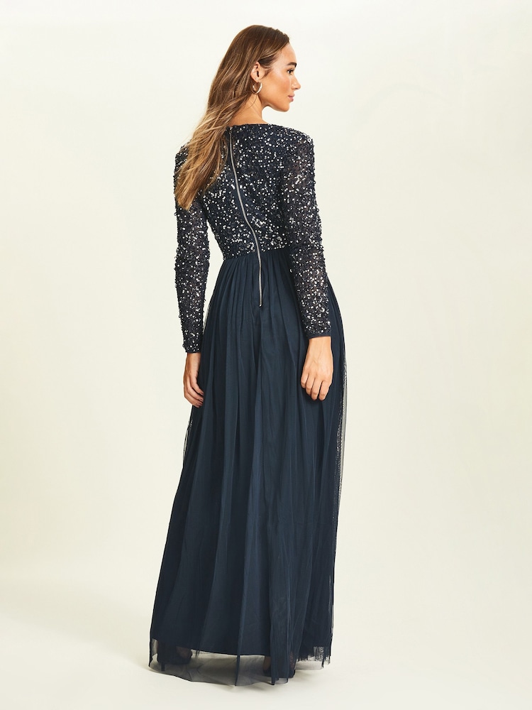 Maya Navy-Blue Wrap Long Sleeve Sequin Maxi Dress - Image 2 of 3 Maya Navy-Blue Wrap Long Sleeve Sequin Maxi Dress - Image 2 of 3