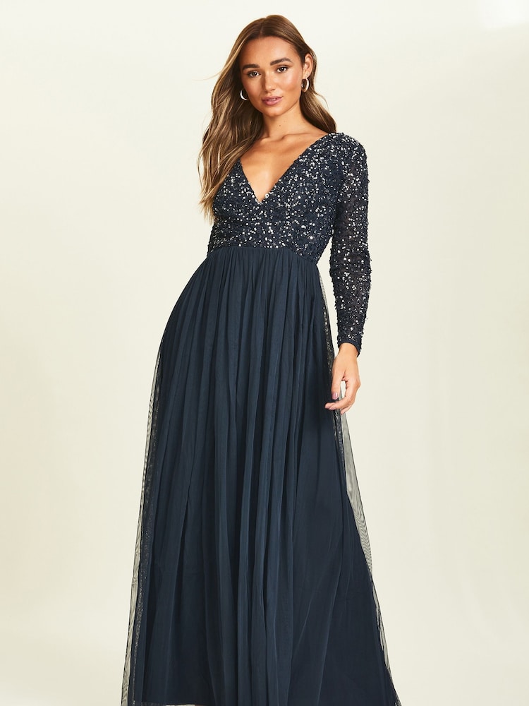 Maya Navy Blue Petite Wrap Long Sleeve Sequin Maxi Dress - Image 1 of 5 Maya Navy Blue Petite Wrap Long Sleeve Sequin Maxi Dress - Image 1 of 5