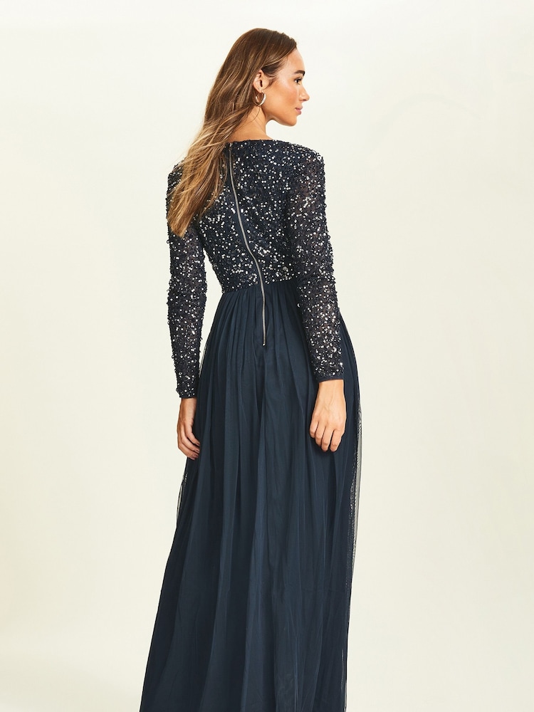 Maya Navy Blue Petite Wrap Long Sleeve Sequin Maxi Dress - Image 2 of 5 Maya Navy Blue Petite Wrap Long Sleeve Sequin Maxi Dress - Image 2 of 5