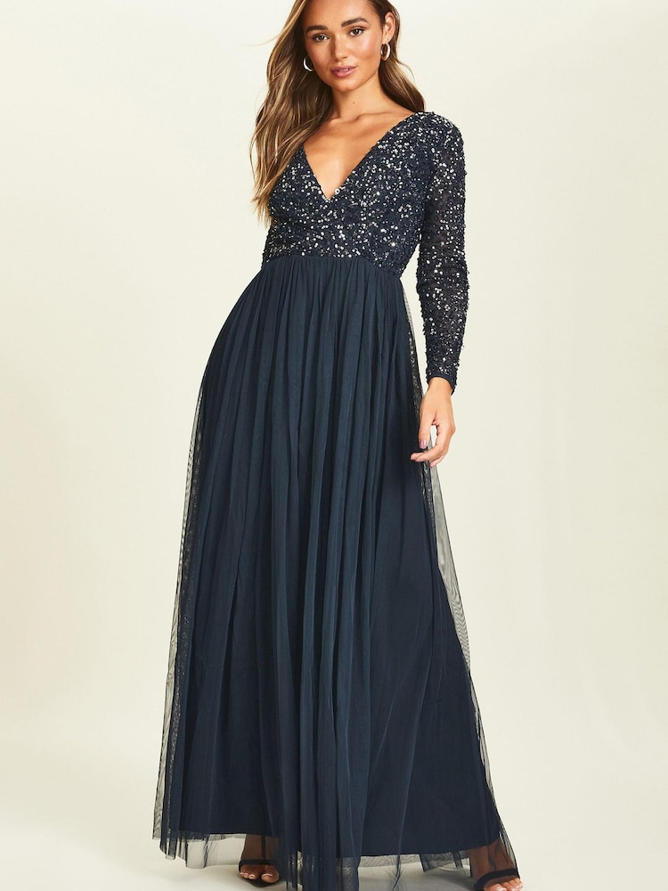 Maya Navy Blue Petite Wrap Long Sleeve Sequin Maxi Dress - Image 5 of 5 Maya Navy Blue Petite Wrap Long Sleeve Sequin Maxi Dress - Image 5 of 5