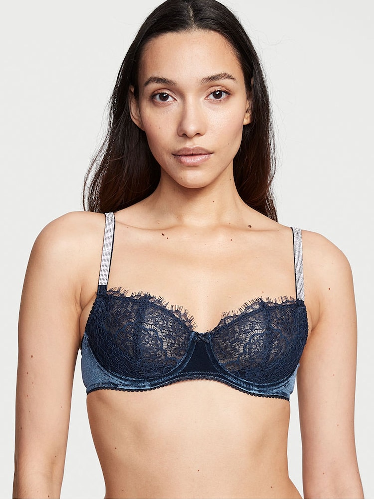Victoria's Secret Blue Velvet Wing Lace Cup Shine Strap Balcony Bra - Image 1 of 3 Victoria's Secret Blue Velvet Wing Lace Cup Shine Strap Balcony Bra - Image 1 of 3
