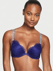 Victoria's Secret Night Ocean Blue Lace Shine Strap Add 2 Cups Push Up Bombshell Bra - Image 1 of 3