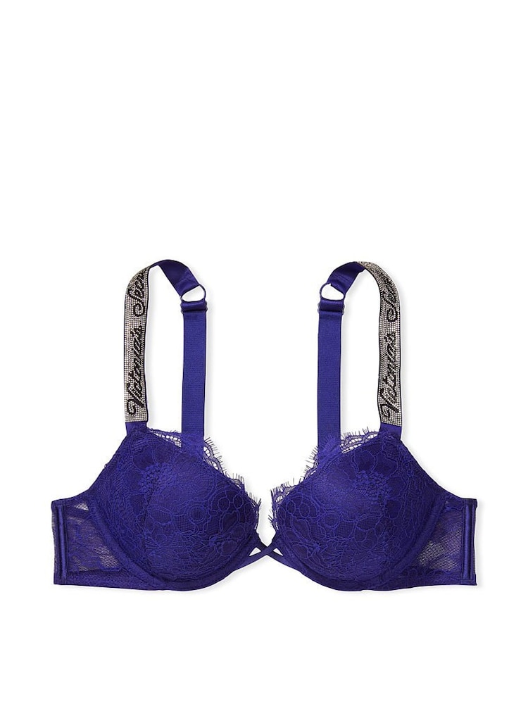 Victoria's Secret Night Ocean Blue Lace Shine Strap Add 2 Cups Push Up Bombshell Bra - Image 3 of 3