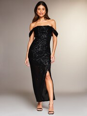 Lipsy Black Petite Sequin Bardot Split Drape Maxi Dress - Image 1 of 4