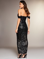 Lipsy Black Petite Sequin Bardot Split Drape Maxi Dress - Image 3 of 4