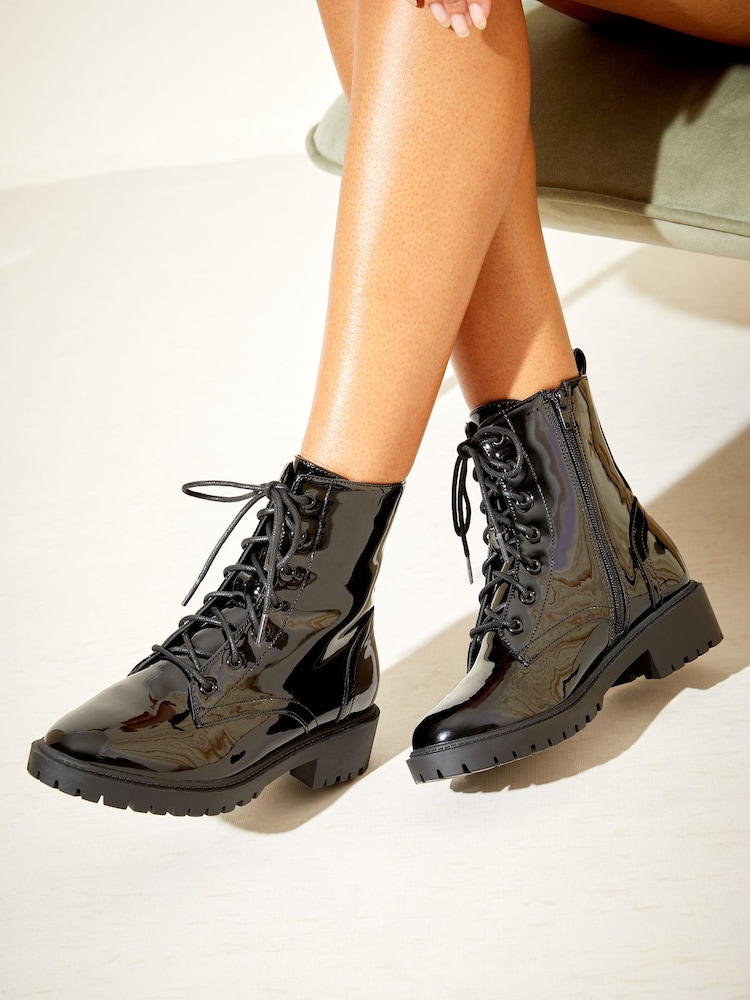 Friends Like These Black Patent Lace up Biker Ankle Boot - Image 1 of 4