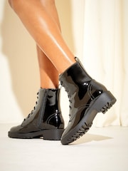 Friends Like These Black Patent Lace up Biker Ankle Boot - Image 2 of 4