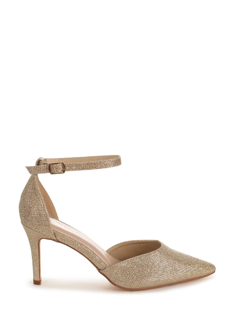 Linzi Gold Glitter Maci Stiletto Court Heel With Ankle Strap - Image 2 of 4 Linzi Gold Glitter Maci Stiletto Court Heel With Ankle Strap - Image 2 of 4