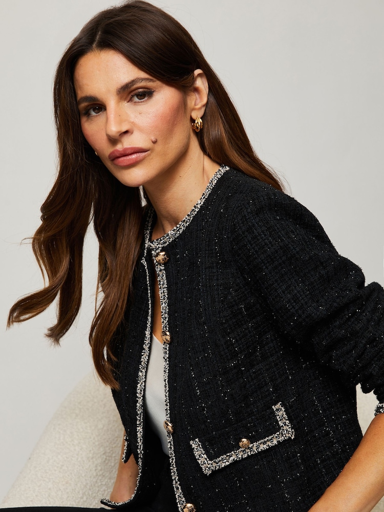 Lipsy Black Trim Cropped Boucle Blazer - Image 2 of 4