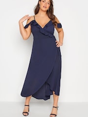 Yours Curve Blue London Ruffle Wrap Cold Shoulder Maxi Dress - Image 1 of 5