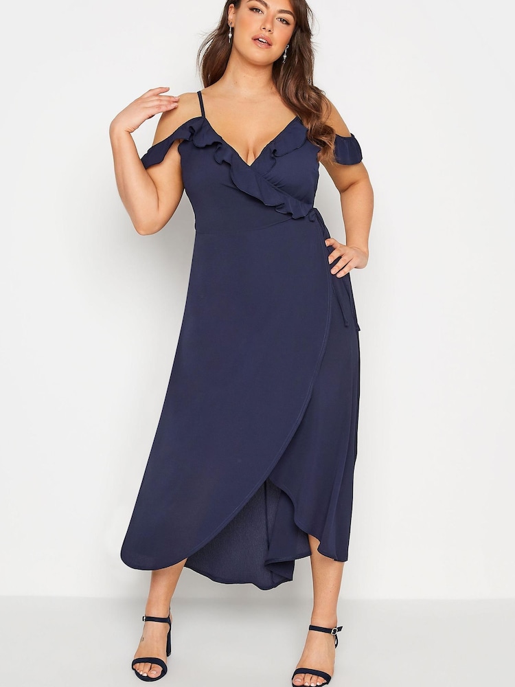 Yours Curve Blue London Ruffle Wrap Cold Shoulder Maxi Dress - Image 1 of 5