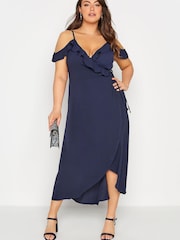 Yours Curve Blue London Ruffle Wrap Cold Shoulder Maxi Dress - Image 2 of 5