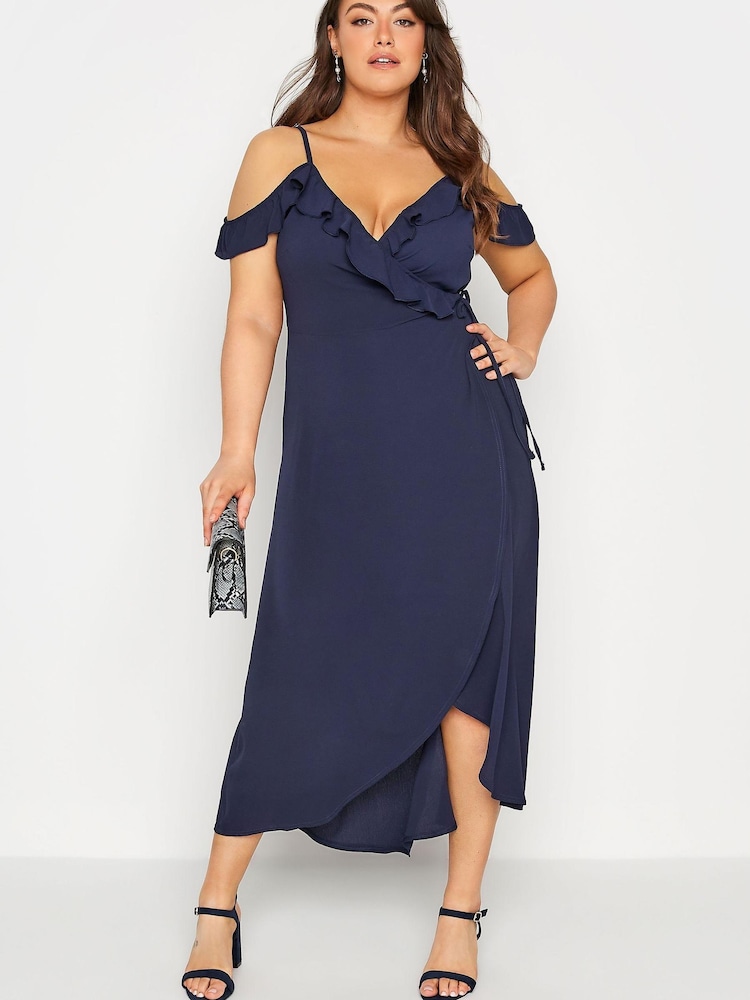Yours Curve Blue London Ruffle Wrap Cold Shoulder Maxi Dress - Image 2 of 5 Yours Curve Blue London Ruffle Wrap Cold Shoulder Maxi Dress - Image 2 of 5