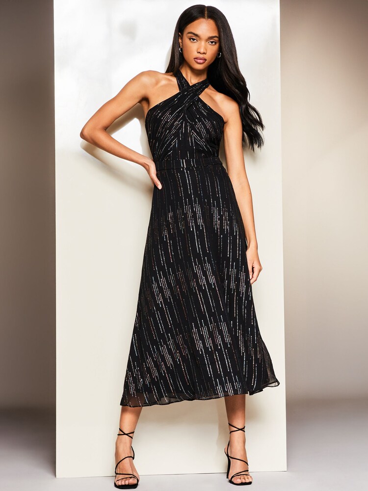 Lipsy Black Metallic Halter Neck Dress - Image 1 of 4 Lipsy Black Metallic Halter Neck Dress - Image 1 of 4
